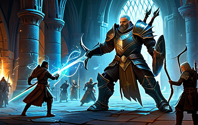 A dynamic scene featuring a diverse group of fantasy adventurers in an epic battle. A stoic knight in sturdy, functional armor wields a glowing sword, flanked by a swift elven archer expertly aiming an enchanted bow, and a wise human mage casting a vibrant, protective spell. Each character is surrounded by shimmering magical auras and light trails, representing powerful damage and defensive buffs, signifying intense combat synergy. They stand united against a large, imposing mythical creature in an ancient, grand dungeon, bathed in dramatic, cinematic lighting.
* **Quality markers**: Professional fantasy illustration, high detail, perfect anatomy, correct proportions, natural poses, well-formed hands, proper finger count, natural body proportions.
* **Safety markers**: Fully clothed, modest clothing, appropriate attire, professional photography, safe for work, appropriate content, family-friendly.