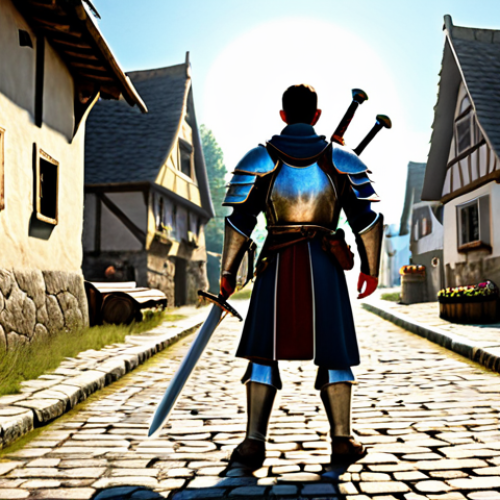 Home 9 A determined fantasy adventurer, fully clothed in modest, practical early-game plate armor with leather accents, standing confidently on a sun-dappled cobblestone path within a bustling but safe medieval village. The adventurer holds a newly enchanted, glowing, simple broadsword, inspecting it with focused attention. The background features charming village houses under a clear sky. Professional digital art, intricate details, warm lighting, perfect anatomy, correct proportions, natural pose, well-formed hands, proper finger count, natural body proportions, safe for work, appropriate content, professional, family-friendly.