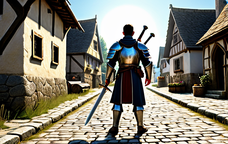 A determined fantasy adventurer, fully clothed in modest, practical early-game plate armor with leather accents, standing confidently on a sun-dappled cobblestone path within a bustling but safe medieval village. The adventurer holds a newly enchanted, glowing, simple broadsword, inspecting it with focused attention. The background features charming village houses under a clear sky. Professional digital art, intricate details, warm lighting, perfect anatomy, correct proportions, natural pose, well-formed hands, proper finger count, natural body proportions, safe for work, appropriate content, professional, family-friendly.