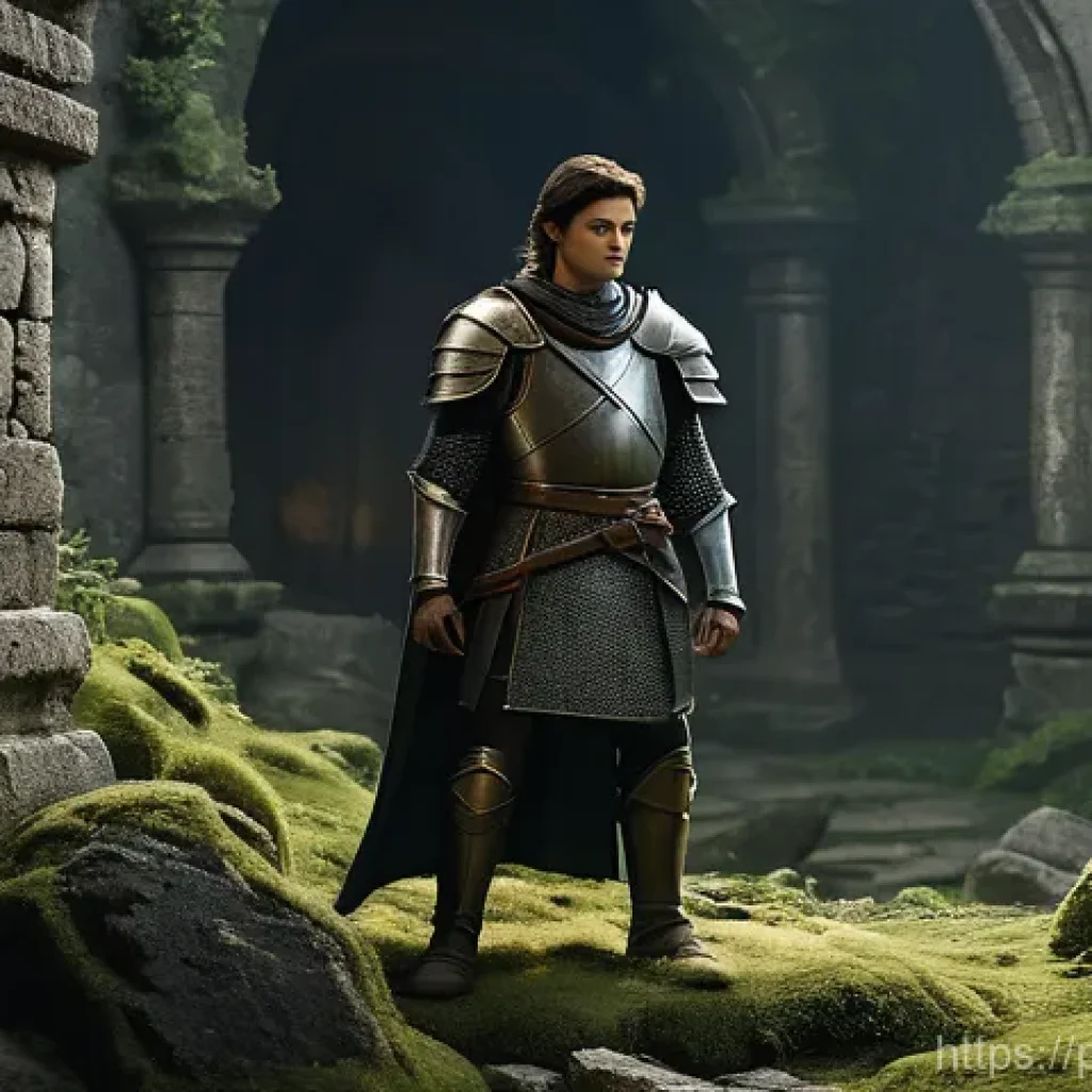 리니지M 최고의 파밍 장소 - **Prompt:** A young, determined Human Knight, dressed in practical, full-body leather and chainmail ...