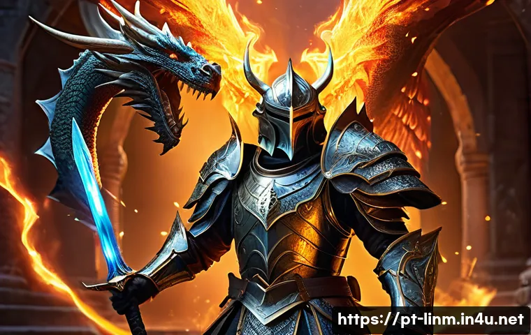 리니지M 희귀 카드 강화 - A detailed fantasy warrior character in ornate armor wielding a glowing sword, surrounded by etherea...