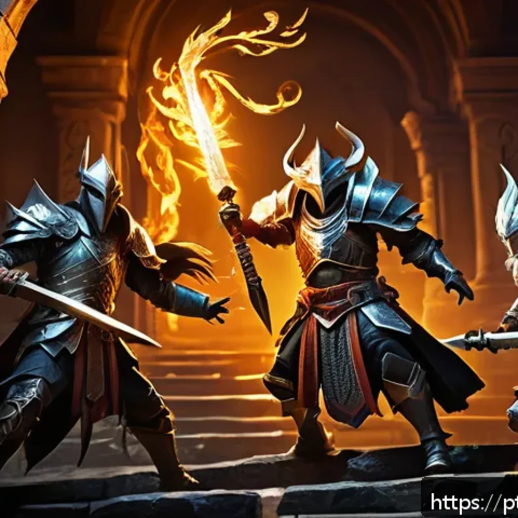 리니지M 전설 장비 수집 - A dynamic fantasy dungeon scene featuring a skilled adventurer group of three to five players battli...