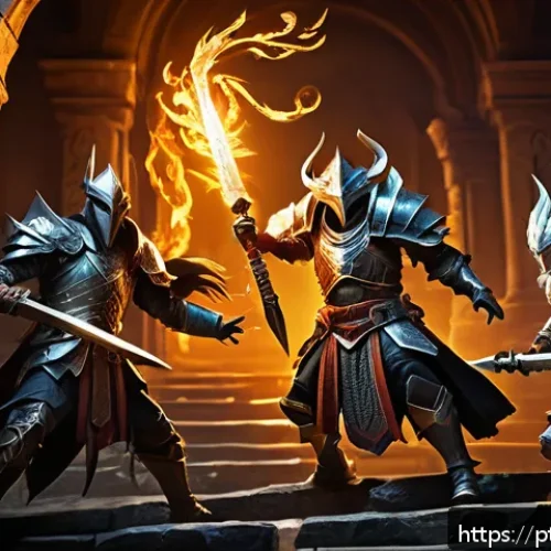 리니지M 전설 장비 수집 - A dynamic fantasy dungeon scene featuring a skilled adventurer group of three to five players battli...