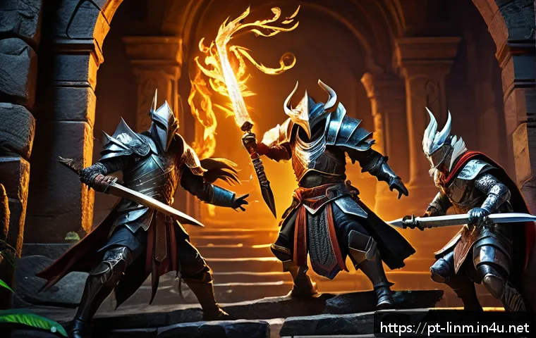 리니지M 전설 장비 수집 - A dynamic fantasy dungeon scene featuring a skilled adventurer group of three to five players battli...