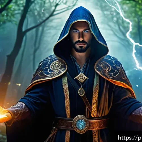 리니지M 희귀 클래스 소개 - A powerful Sorcerer Arcane character in an epic fantasy battlefield setting, casting a massive glowi...