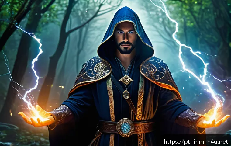 리니지M 희귀 클래스 소개 - A powerful Sorcerer Arcane character in an epic fantasy battlefield setting, casting a massive glowi...