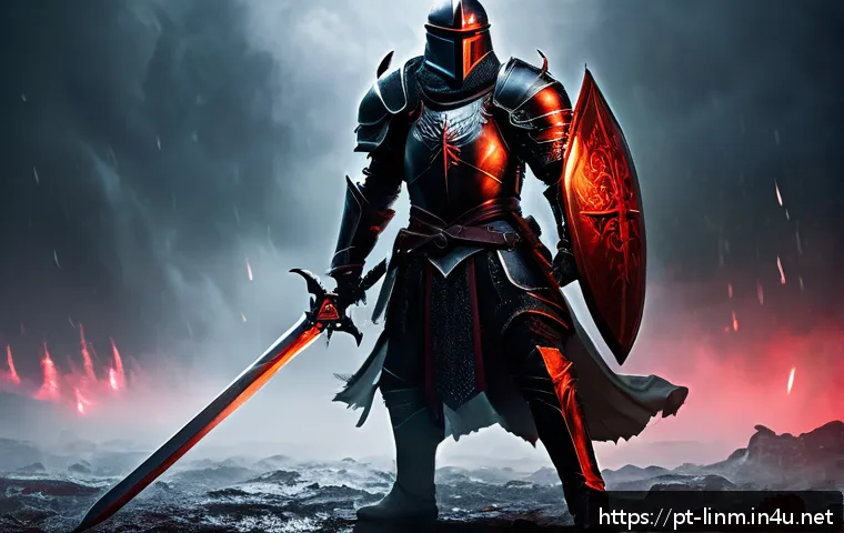 리니지M 용기사 스킬 조합 - A dynamic fantasy warrior known as the Blood Knight, clad in intricately detailed dark red and black...