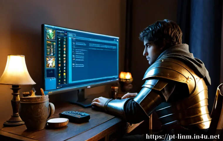 Home 17 리니지M 초보자 장비 강화법 - Photorealistic fantasy gaming desk scene for a beginner equipment enhancement guide, a focused Portu...