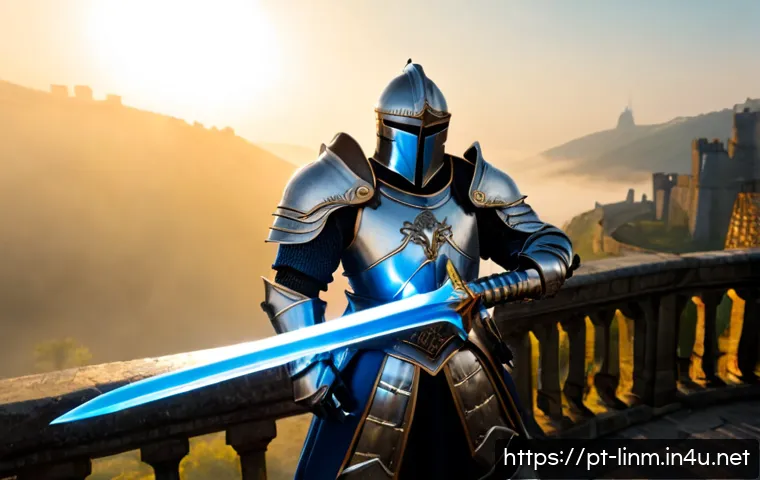 리니지M 최고 인기 캐릭터 - Photorealistic high-fantasy MMORPG hero, charismatic armored knight with a glowing blue sword and or...