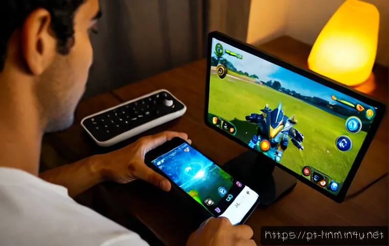Home 17 리니지M 레벨별 추천 스킬 - Photorealistic Brazilian mobile gamer at a tidy home desk, holding a smartphone with an unreadable f...