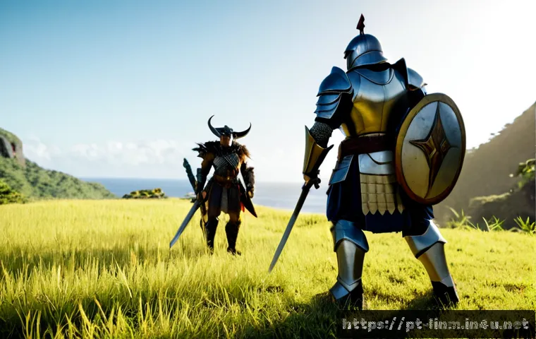 Home 17 리니지M 필드 전투 기초 - Photorealistic fantasy MMORPG field battle, a Brazilian-inspired armored warrior standing in a sunli...