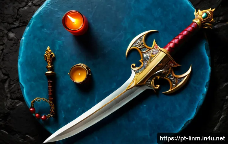 리니지M 전설 아이템 소개 - Photorealistic fantasy gaming flat lay for a legendary item guide, a glowing ornate gold-and-crimson...